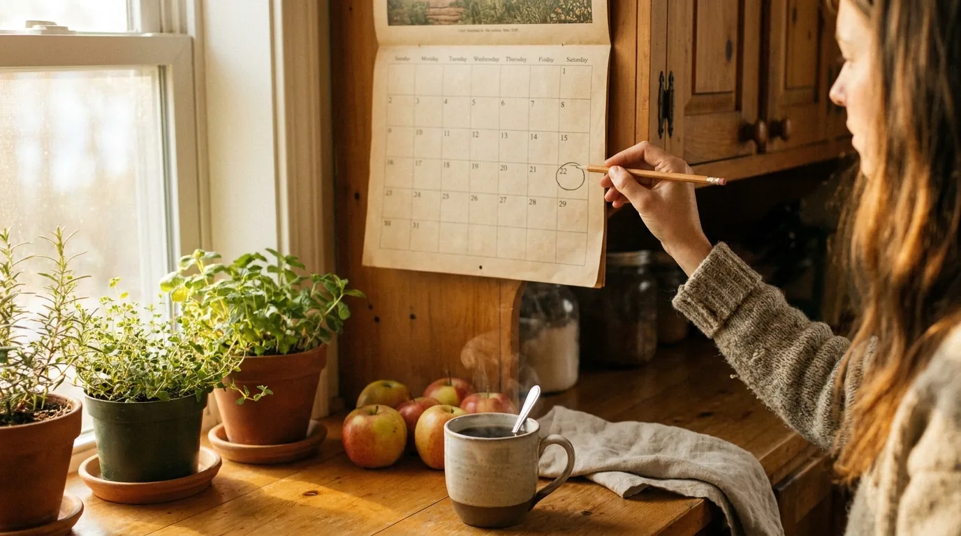Wall calendar and a cup of tea on a kitchen counter, marking the start of a new year