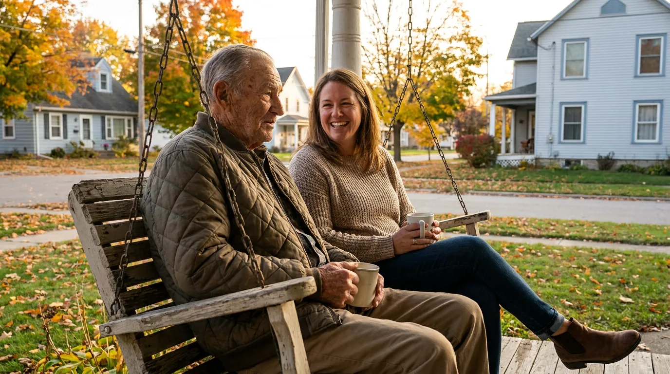 Elderly veteran and his adult daughter sitting together on a porch
