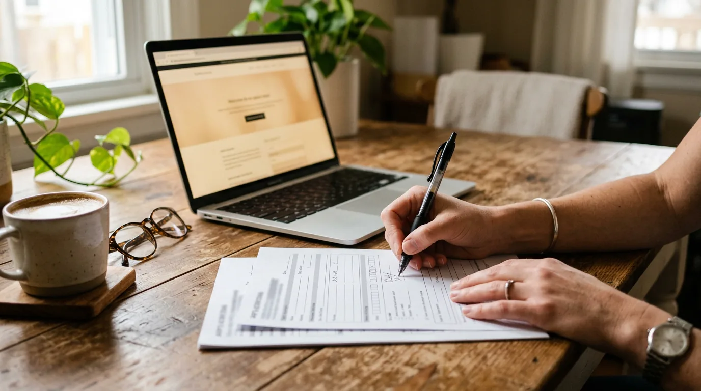 Caregiver filling out Home Help application paperwork at a desk