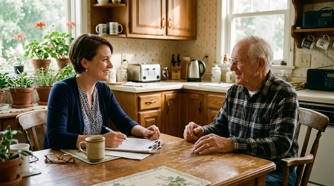 MDHHS caseworker conducting a home assessment with an elderly man