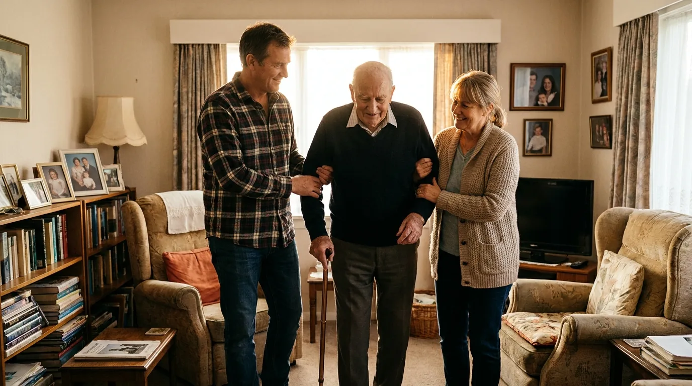 Adult siblings helping their elderly father walk through the living room
